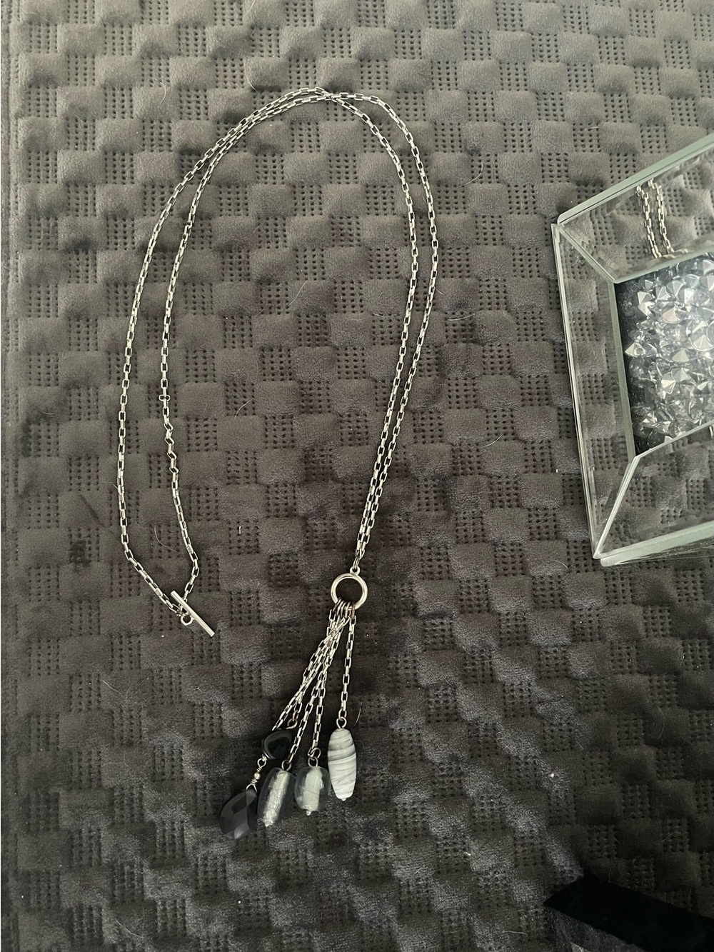 Lia Sophia Silver Tassel Necklace with Black and Gray Beads